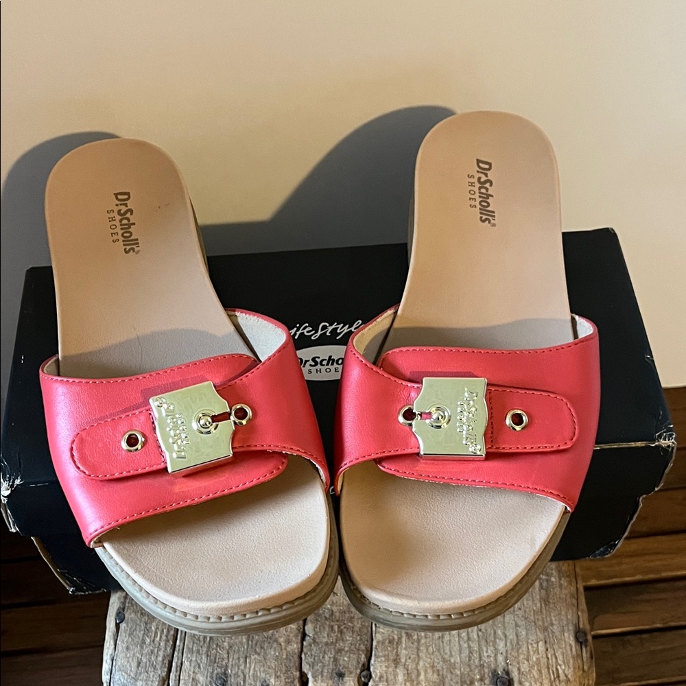 Dr. Scholl's Red Slide Sandals with Gold Buckle